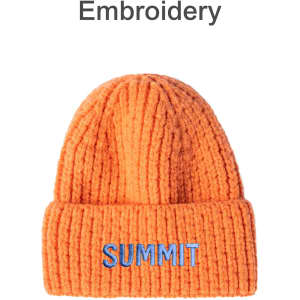 An orange twisted cable cuffed beanie with a single logo on the front.