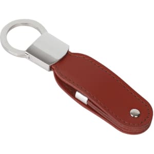A leather swivel flash drive in a rich red colour with a silver keyring attachment. It features a sleek design.