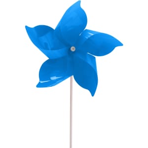 A blue five-leaf pinwheel with a white stick, featuring smooth, curved petals and a central rotation mechanism.