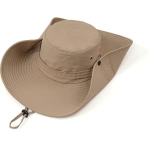 A wide brim sun hat in khaki with a dome crown and adjustable strap. It features a large, flat brim for sun protection.