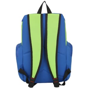 A blue and green backpack featuring padded straps and a logo, designed for carrying sports equipment.