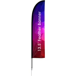 A large straight feather banner featuring a gradient of purple and pink colours with a black pole. It has a logo.