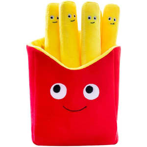 A red container with a smiling face holds several yellow squeaky French fry toys.