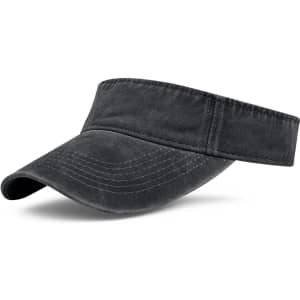 A washed black sun visor with a wide brim and a textured fabric, featuring an embroidered logo.