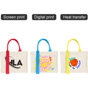 Three horizontal canvas tote bags in cream featuring various designs: one with a red handle, one with a blue handle, and one with a yellow handle.