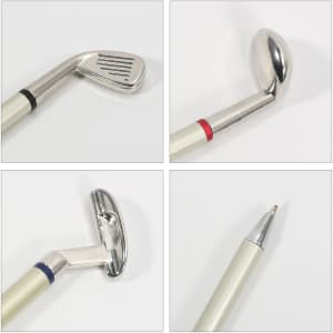 A golf-themed pen gift set featuring a silver club-shaped pen with coloured accents: red and blue details.