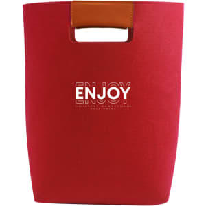 A red felt tote bag with a brown leather handle and a logo on the front.
