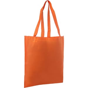 An orange non-woven tote bag with long handles and a V gusset, featuring a logo.