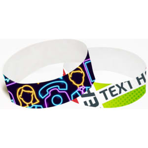 Two 25mm width disposable Tyvek wristbands featuring bright colours and a design with icons and logos.