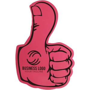 A pink foam mitt shaped like a thumbs-up, featuring a logo and additional text.