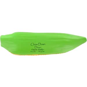A green corn-shaped stress reliever with a yellow bottom and a logo on its side.