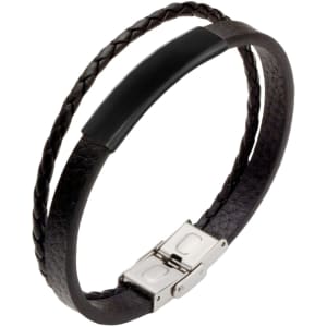 A double-layer leather bracelet featuring braided dark brown and solid black straps with a silver clasp.