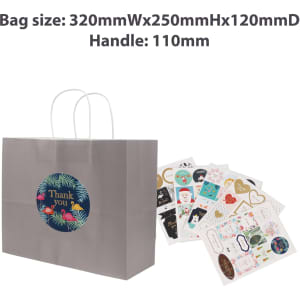 A grey kraft paper bag with twisted handles and a circular logo, accompanied by assorted decorative stickers.