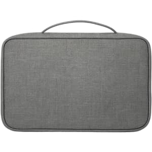 A portable hanging travel toiletry bag in a grey fabric, featuring a simple rectangular design and a carry handle.