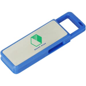 A blue click action flash drive with a silver panel and a logo on the surface.