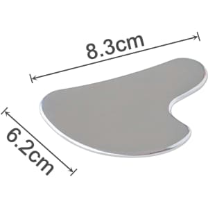 A stainless steel Gua Sha massage tool with a smooth, shiny surface, measuring 8.3cm by 6.2cm.