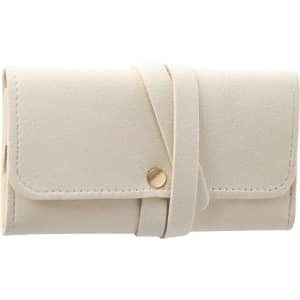 A synthetic leather jewellery bag in a soft cream colour, featuring a secure closure and a sleek design.