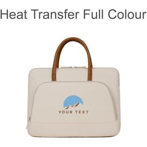 A cream-coloured laptop bag with a zippered outer pocket and brown handles, featuring a logo.