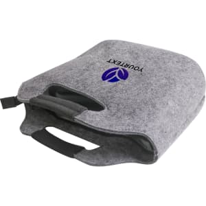 A grey felt cooler bag with a handle, featuring a logo on the front.