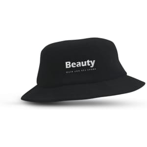 A black terry towelling bucket hat with a logo on the front. Ideal for leisure and outdoor activities.