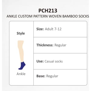 Ankle bamboo socks in a custom pattern, suitable for adults size 7-12, featuring a regular thickness and design.
