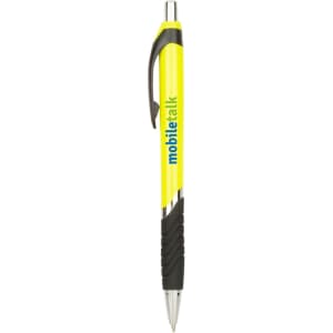 A yellow barrel ballpoint pen with a black grip and a logo on the side.