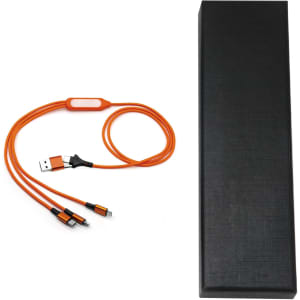 A 6-in-1 night light charging cable in orange, next to a black box with a logo.