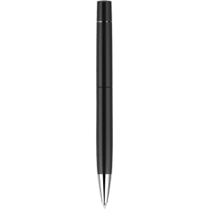 A sleek black pen with a chrome accent and a logo on the body. It features a smooth, spray finish.