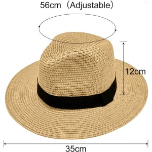 A straw Panama sun hat in natural colour with a wide brim and black band, featuring adjustable sizing.