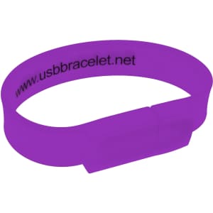 A purple rectangular silicone wristband flash drive with a clasp, featuring a logo.