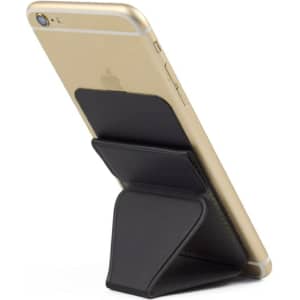 A black PU phone stand card holder supporting a gold smartphone, ideal for holding cards and providing a viewing angle.