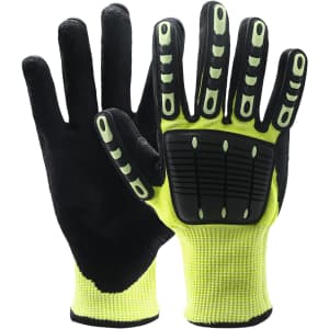 Heavy duty safety work gloves with a reinforced thumb web, in black and high-visibility yellow, featuring gripping pads.