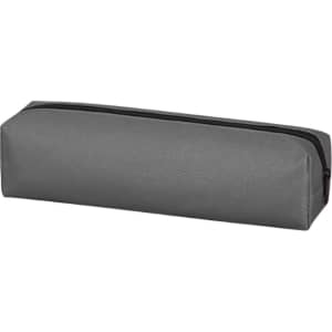A grey pencil case with a rectangular shape and zip closure. It features a simple design and a small logo.