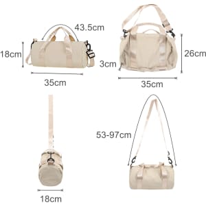 A bucket duffle bag in beige with wide straps, featuring various dimensions and a detachable shoulder strap.