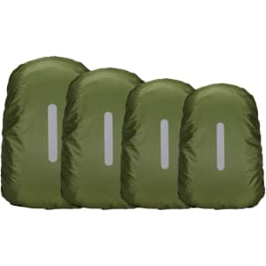 Four olive green reflective backpack rain covers, each with a reflective strip, arranged in a row.