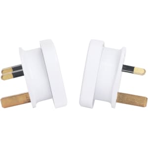 A pair of white travel adapters featuring Australian plugs for use in UK sockets.