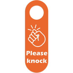 An orange PVC door hanger featuring a hand graphic and the text "Please knock." It includes a circular hole at the top.