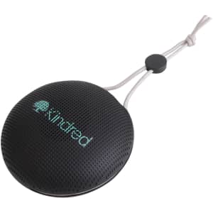 A black portable waterproof Bluetooth speaker with a microphone, featuring a handle for easy carrying and a logo.