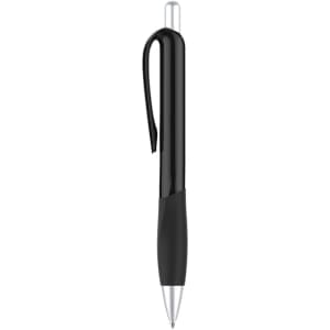A black plastic pen with a colour barrel and chrome accents, featuring a clip and a logo.