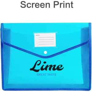 A blue and lime document folder with a transparent front, features a button closure and an index label area.