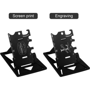 A multi-function phone stand in black, featuring slots for screen printing and engraving on both sides.