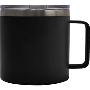 A black 450ML RCS recycled stainless steel coffee cup with a clear lid and a black handle. It has a logo on it.