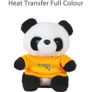 A plush panda toy wearing a bright yellow shirt, featuring black ears and facial markings. It has a logo on the shirt.