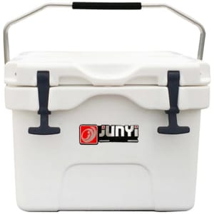 A white 15L cooler box with a silver handle and dark grey clips, featuring a logo on the front.