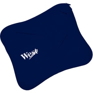 A navy laptop bag featuring a zip closure and a logo. The bag has multiple pouches for storage.