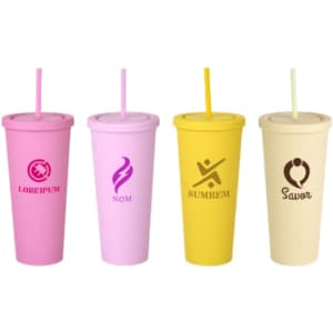 Four 24oz matte plastic cups in pink, purple, yellow, and cream, each with a lid and straw, featuring various logos.