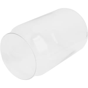 A clear, can-shaped glass cup with a smooth surface and a rounded base. It has a subtle logo on the bottom.