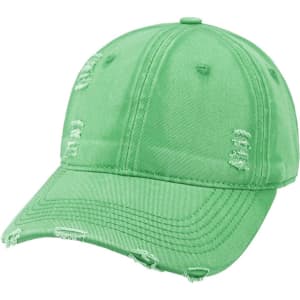 A vintage green baseball cap featuring distressed detailing and a rounded peak, also has a logo.
