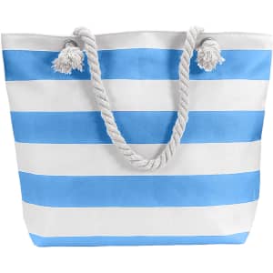 A tote bag with blue and white stripes, featuring a rope handle and tassels. It has a simple logo on the side.