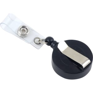 A round retractable card holder in black with a metal clip and clear strap for attachment.